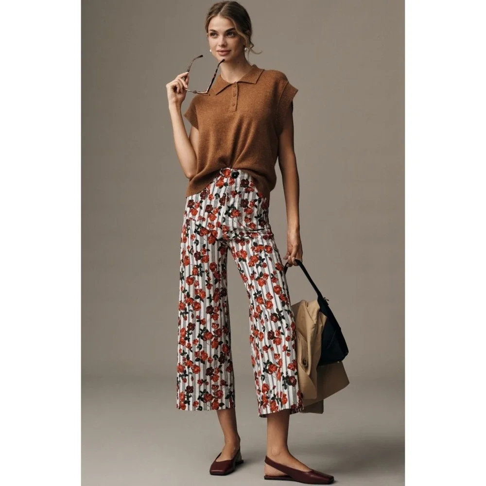 Anthropologie Maeve The Colette Cropped Wide-Leg Rose Printed Pants Sz 34 NWT - Picture 1 of 9